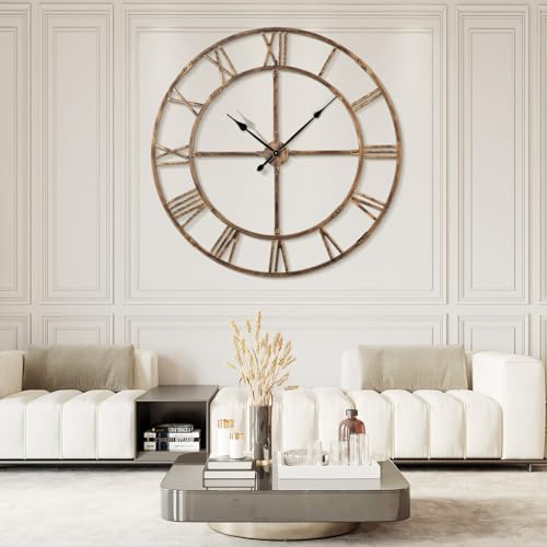 60in Large Silent Wall Clock, Easy Assembly Roman Numeral Bronze | Non-ticking metal farmhouse wall clock, easy assembly, oversized living room decorative decor - color: Bronze Metal Wall Clock, size: 60inch