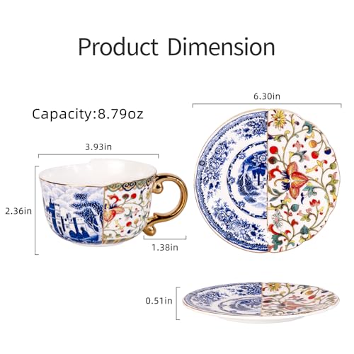 KAMMAK Tea Cups and Saucers Set of 2, Fine Bone China Coffee Cups, 582N | Stackable Espresso Mugs, Ceramic Demitasse for Coffee, Cappuccino, Latte, Americano, Tea - size: 7KPSP582N+583N