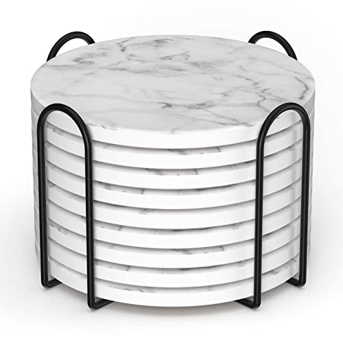 Billbotk 9 Pieces Ceramic Coasters for Drinks with Holder, Absorbent Drink Coasters for Coffee Table, Marble Style Coasters Wooden Table, Suitable for Kinds of Cups, 4 Inches - color: White