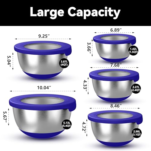 KITEISCAT Stainless Steel Mixing Bowls with Lids – Set of 5 Large Nesting Metal Bowls for Kitchen, Baking, Cooking, Food Prep & Storage, Non-Slip Base, Dishwasher Safe,Blue - color: Blue