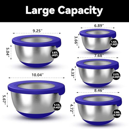 KITEISCAT Stainless Steel Mixing Bowls with Lids – Set of 5 Large Nesting Metal Bowls for Kitchen, Baking, Cooking, Food Prep & Storage, Non-Slip Base, Dishwasher Safe,Blue - color: Blue