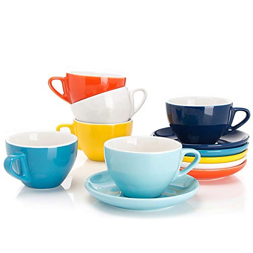 Sweese 6 Ounce Cappuccino Cups with Saucers, Porcelain Double Espresso Cups Set of 6 - Hot Assorted Colors - color: Multicolor, size: 6OZ