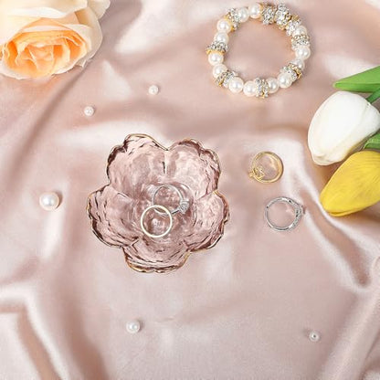 Ouligay Small Cute Jewelry Dish Tray Flower Jewelry Ring Dish Trinket Tray Ring Holder for Women Glass Jewelry Plate Dish with Gilt-Edged Blossom Design Gift for Wife Mom Daughter(Pink) - color: Pink