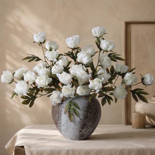 8 Pcs Artificial Peony Flowers, Faux Silk Peonies Stems with Distressed Leaves, Fade Resistant Floral Branches for Vase, DIY Bouquet, Home Decor Indoor Outdoor Wedding Table Centerpiece (White) - color: White