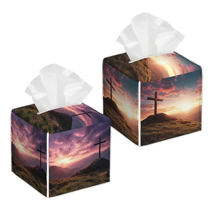 Cross 2 Pcs Tissue Box Cover Square, Mountain Tissue Box Holder Waterproof Leather Facial Paper Organizer Dispenser for Bathroom Home Car Nightstand - color: Cross