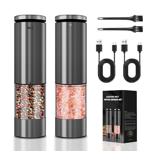 Haomacro Electric Salt and Pepper Grinder Set, Upgraded Larger Capacity | Stainless Steel Automatic Salt and Pepper Mill Set Refillable with 5 Adjustable Coarseness Stainless Steel Top button Shaker