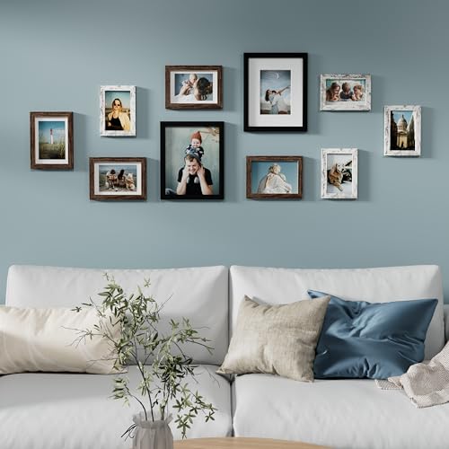 Vittanly 10 Pack Gallery Wall Frame Set, Black, Brown, Distressed White | Gallery Wall Frame Set: 2pcs 8x10, 4pcs 5x7 & 4pcs 4x6 Photos for Wall & Table, Picture Frames made of Engineered Wood - color: Black & Brown & Distressed White