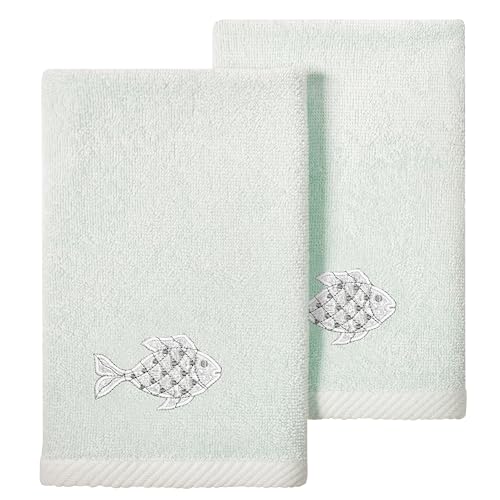 Treasure 2-Piece Fingertip Towel Set, Unique Fish Embroidery, 100% Turkish Cotton, Soft & Luxurious, Charming Touch, 2 Fingertip Towels, Aqua - color: Aqua, size: 2 Pcs Fingertip Towel