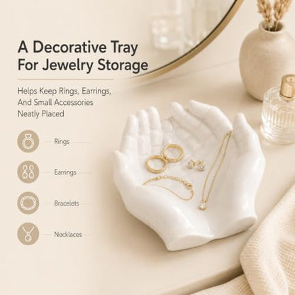White Resin Hand-Shaped Key Tray for Entryway and Desk | White resin hand-shaped key tray, decorative catchall bowl for keys, jewelry, coins, entryway table, desk and nightstand.