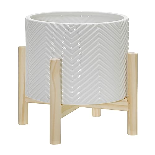 Sagebrook Home 8" Ceramic Planter - Trendy White Planter Elevated on Wooden Stand with Chevron Design - for Indoor or Outdoor Plants, Great Gift Idea for Plant Lovers - color: Chevron White, size: 8 Inch