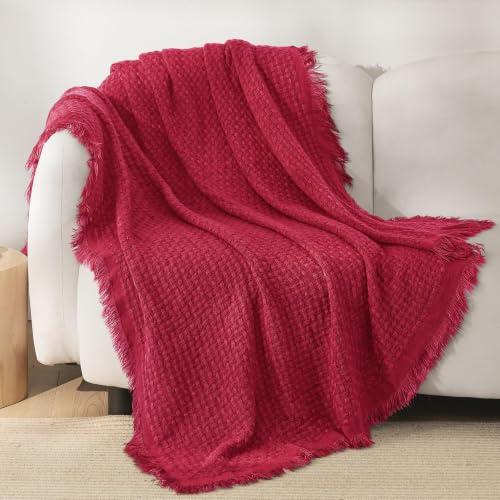 Exclusivo Mezcla Knit Throw Blanket with Fringes for Couch, Red | 100% Acrylic Lightweight and Breathable Woven Throw for Summer, Super Soft Decorative Blanket with Tassel for Sofa, 50"x60" - color: Red, size: Throw (50"x60")