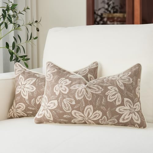 MATTINS 12x20 Vintage Floral Patterned Lumbar Pillow Covers, Khaki 2PC | Farmhouse Decorative Pillow Covers, Country Botanical Jacquard Design, Cottage Boho Accent for Sofa, Bed, and Living Room - color: Khaki, size: 20" x 12" (Pack of 2)