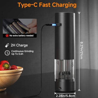 Electric Salt and Pepper Grinder Set Shakers 2 IN 1-Rechargeable Automatic Pepper Mill,with LED Lighting,Adjustable Grinder,Large Capacity-Ideal for Kitchen,BBQ,Ideal Kitchen Gifts (Black) - color: Black