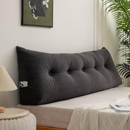 Full Triangular Headboard Pillows Wedge Bed Rest Reading Pillow with Side Pocket Soft Large Backrest Positioning Support Bolster Cushion Grey Black,47 * 4.7 * 15.7in - color: Grey Black, size: Full ：47in*4.7in*15.7in