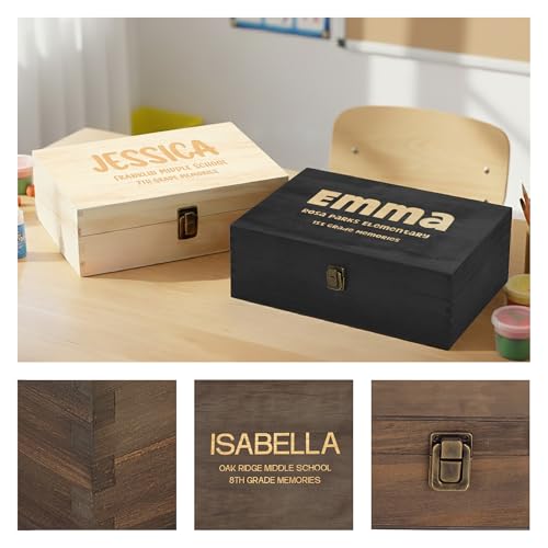 Personalized Name & Grade Wooden Keepsake Box – Custom Engraved Memory Box with Student Name and Class Year, Graduation & School Milestone Gift Storage Chest - style: 18. Kids School Memory Box