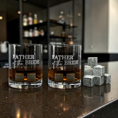 Father of the Bride Whiskey Glass Gift Set, 2 Engraved Rocks Glasses with Whiskey Stones, Wedding Gift (12 Ounce) - size: 12 Ounces
