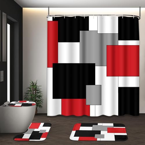 Bathroom Sets with Shower Curtain and Rugs, 4 Pcs, Red Geometric | Checkered Abstract Art Modern Bathroom Decor Set with Toilet Lid Cover, Non-Slip Bath Mats and Accessories 12 Hooks - color: Abstract Geometric Red