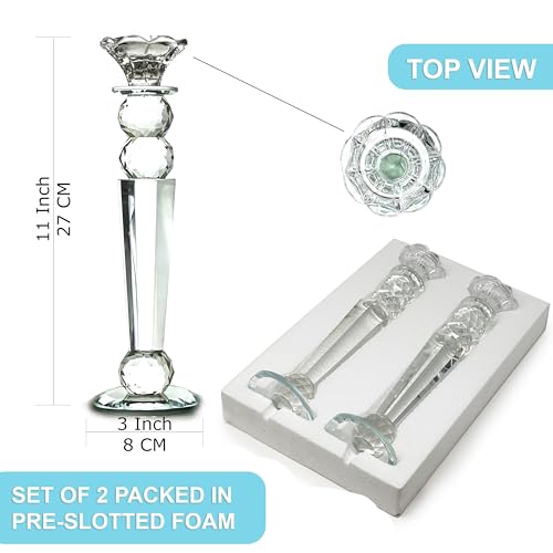 Allgala Set of 2 Crystal Candlestick Reverse Tapered Shaped Pillar and Hand Crafted Ball Candlesticks-11-HD89153-Home Decorative Candle Holders for Wedding, Dining, Party, Gift - size: 2 PC (11")