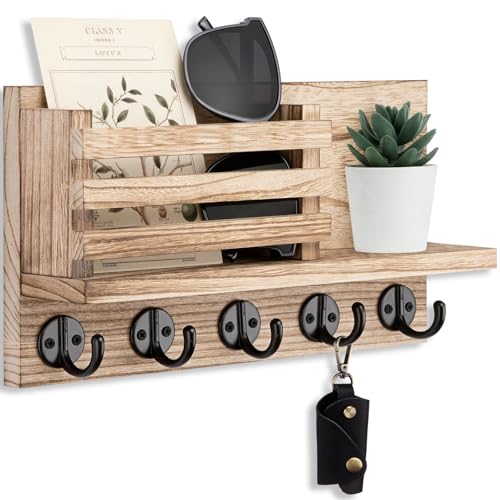 Lwenki Key Holder for Wall – Decorative Wooden Mail Holder and Key Shelf with Mounting Hardware, Installation Guide – Paulownia Wood with Metal Key Hooks (Wood, Large - 11.8inch) - color: Wood, size: Large - 11.8inch