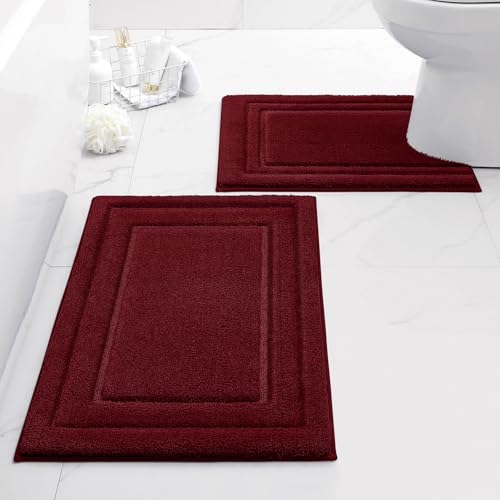 HOMEIDEAS Bathroom Rugs Sets 2 Piece, Super Soft and Absorbent Non Slip Microfiber U-Shaped Toilet Bath Mat Set (20"x32"+U20 x24, Burgundy Red) - color: Loop- Burgundy Red, size: 1'8" x 2'8" (20"x32"+U Shape 20"x24")