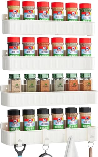 Nieifi Spice Rack Wall Mount, 4 Pack White, 2" Depth, Screw/Adhesive | Wall-Mounted with Removable Hooks Saves Counter Space, Fits 2" Deep Jars, Ideal for Kitchen Cabinets, Pantry Doors, and RVs - color: White