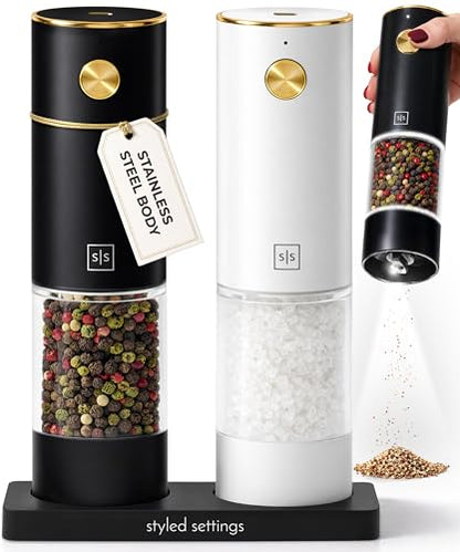 Styled Settings Rechargeable Electric Salt and Pepper Grinder Set | Automatic Salt and Pepper Shaker Set with USB-C Port, LED Light, Adjustable Coarseness, One Touch Control, Stainless Steel - color: Black/White