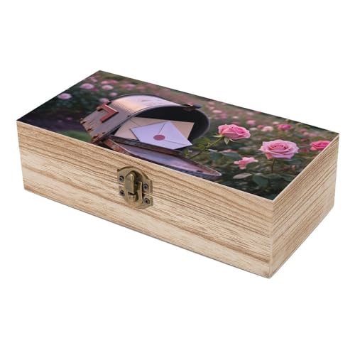 Letters in Rose Garden Wooden Keepsake Box Wood Memory Box with A Hinged Lid Wooden Storage Boxes Wood Gift Boxes for Picture Letter Time Capsule Keep Memories 8 * 3.7 * 2.3in