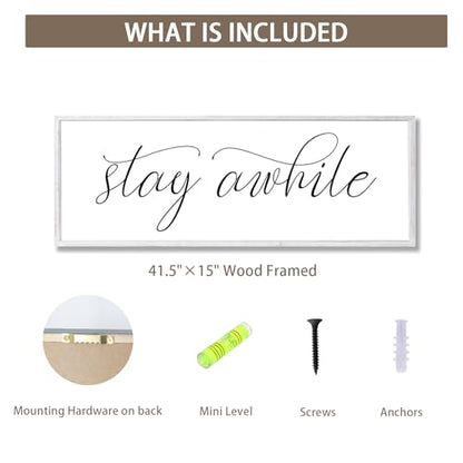 Rutiyoka Stay Awhile Sign Framed Farmhouse Dining Room Wall Decor Large 42"×15" Wood Kitchen Wall Art White - color: stay awhile (white frame)