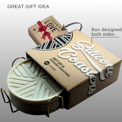 Silicone Coasters Set of 6 with Gold Holder and Modern smart Pattern, Protection for Coffee Table - Ivory - color: Neutral Ivory