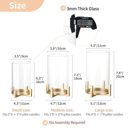 NUPTIO Gold Pillar Candle Holder: Hurricane Glass Candle Stands with Sleeve | Set of 3 Brass Decor with Clear Cover for Thanksgiving Christmas Fireplace Table Centerpiece