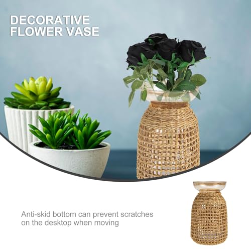 Ipetboom Rattan Cover Small Glass Flower Vase Amber Inner Bottle Decorative Straw Holder for Desktop Flower Arrangement Home Living Room Décor