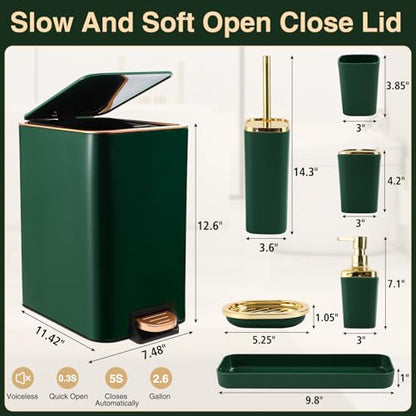 XLHOMO Bathroom Set Bathroom Accessories Set 8 Piece Green and Gold Bathroom Set, Bathroom Sets with Stainless Steel Trash Can,Toilet Brush,Toothbrush Set,Soap Dispenser - size: Hunter Green, style: Bath Set