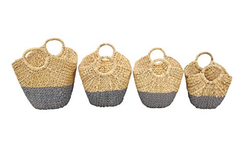 CosmoLiving by Cosmopolitan Large, Oval, Natural and Gray Dip-Dyed Water Hyacinth Wicker Storage Baskets with Round Handles | Set of 4: 19” x 18”, 17” x 15”, 16” x 14”, 14” x 12”