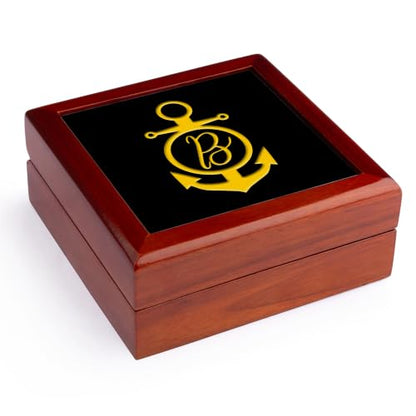 3dRose Anchor naval maritime monogram. Gold on black. Decorative letter B Jewelry Box 7 x 7 inch with 4 inch tile