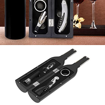 Black Wine Corkscrew Set, Wireless Bottle Opener Kit with Wine Stopper Pourer and Ring, Ergonomic Double - Hinge Cork Extractor in Bottle - Shaped Gift Box for Home Bar