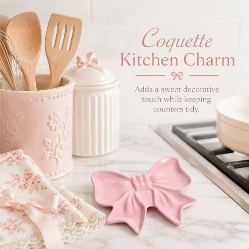 Pink Bow Spoon Rest for Stove Top, Cute Ceramic Spoon Holder | Kitchen Countertop, Coquette Utensil Rest, Sweet Kitchen Decoration, Women Cooking, Housewarming Gift, 5.3 x 4.5 Inches - style: Bow