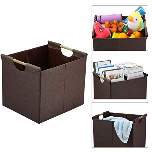 HOONEX Large Collapsible Storage Bins, Linen Fabric, 2 Pack, Storage Baskets with Wooden Carry Handles and Sturdy Heavy Cardboard, for Home, Office, Car, Nursery, Brown - color: Brown