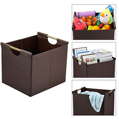 HOONEX Large Collapsible Storage Bins, Linen Fabric, 2 Pack, Storage Baskets with Wooden Carry Handles and Sturdy Heavy Cardboard, for Home, Office, Car, Nursery, Brown - color: Brown