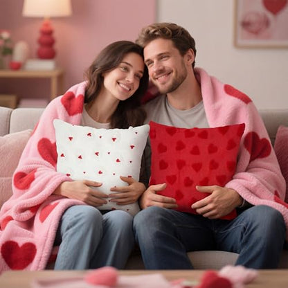 Tiamon 4 Pcs Valentines Throw Pillow Covers 18 x 18 Inch 3D Embroidered Plush Pink Red Hearts Pillow Cases Valentine's Day Love Fluffy Faux Fur Cushion Covers for Sofa Couch Wedding Anniversary Party - style: Valentines