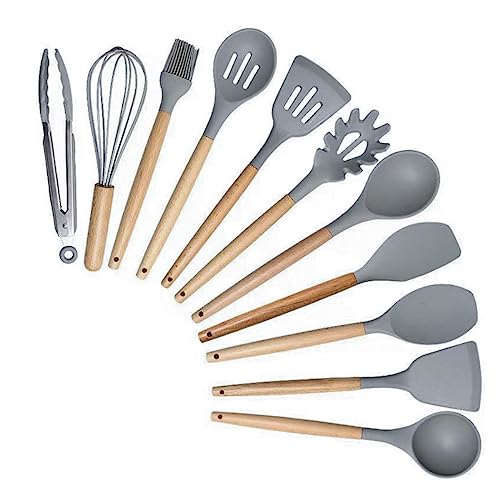 19 Pieces Kitchen Cooking Utensils and Knife Set with Holder Block, Include 11 Pcs Silicone Cooking Utensils 5 Pcs Sharp Stainless Steel Knives Scissors Whisk Tongs and Cutting Board (GREY) - color: Gray