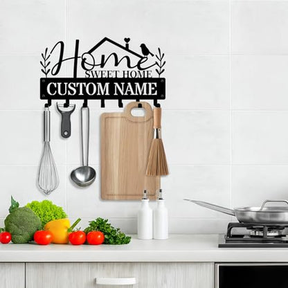 NIWAHO Home Sweet Home Custom Name Key Holder for Wall – Personalized Metal Key Rack with Hooks for Entryway, Mudroom, Office – Housewarming Gift - color: Home Sweet Home
