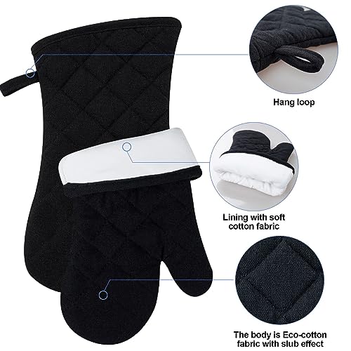Oven Mitts and Pot Holders with Cooking Apron Set of 5, Heat Resistant Kitchen Gloves and Silicone Non-Slip Potholders, Adjustable Neck Buckle Chef Apron, Cotton Nice Design for Cooking (Black)… - color: Black