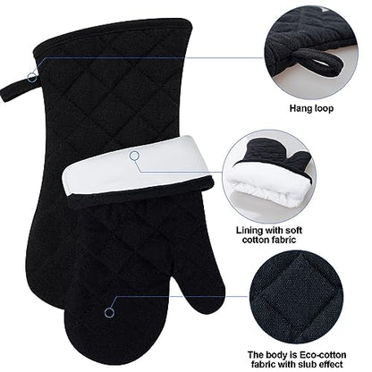 Oven Mitts and Pot Holders with Cooking Apron Set of 5, Heat Resistant Kitchen Gloves and Silicone Non-Slip Potholders, Adjustable Neck Buckle Chef Apron, Cotton Nice Design for Cooking (Black)… - color: Black