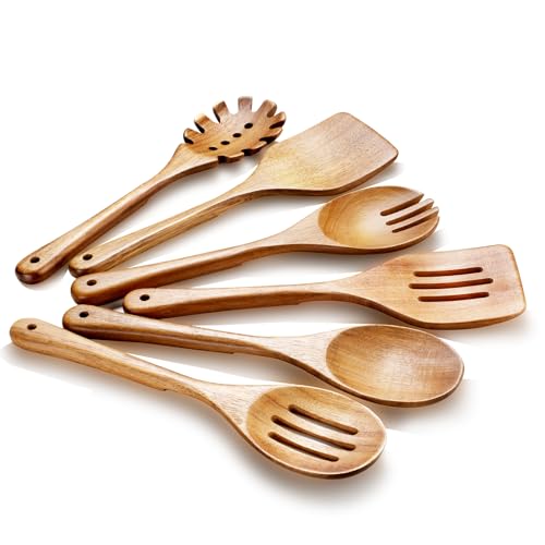 Wooden Cooking Utensils, 6 Pieces Natural Acacia Wooden Spoons For Cooking with Non Stick & Heat Resistant Design, Wooden Kitchen Utensil Set with Hanging Hole for Stirring, Mixing, Cooking - color: Natural
