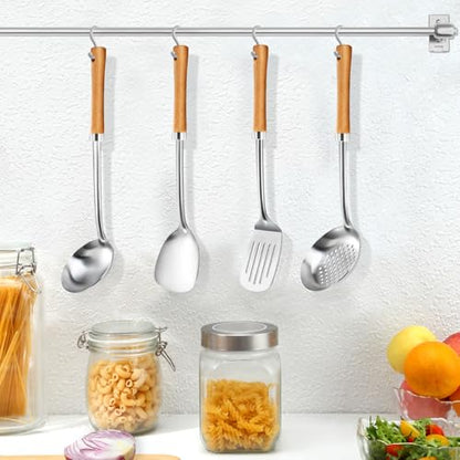 Pleafind 4-Pcs Cooking Utensils Set, Stainless Steel Kitchen Utensils with Wooden Handle, Kitchen Essentials Set Include Wok Ladle, Slotted Spoon, Wok Spatula and Slotted Spatula, Dishwasher Safe - color: 4P-Yellow