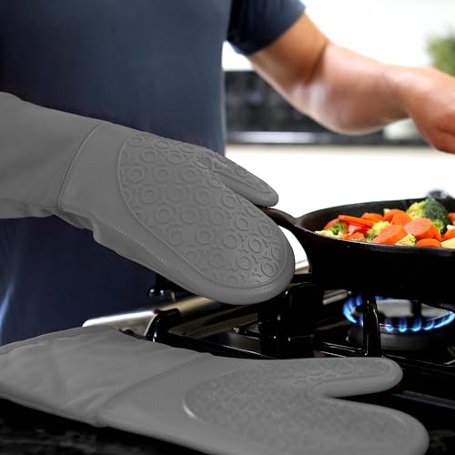 BPA-Free Soft Silicone Oven Mitts - Ultra Heat Resistant Oven Mitts with Thick Cotton Liner - Long Slip Resistant Pot Holders, Flexible Oven Gloves - Gray 13.7" - color: Gray, size: 2-Piece 13.7" Oven Mitts