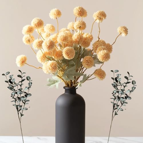 Yellow Flowers Artificial 10 Long Stems Kiku Flower With Eucalyptus | Spring Flowers Decor, Mustard Yellow Decor, Flores Amarillas Artificiales Para Decoracion, Faux Summer Floral Stems - color: Yellow
