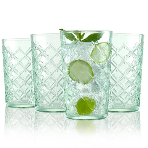 Drinking Highball Glasses Set of 4, Vintage Cross Hatch Glass Cups, 15.5oz Tall Drinking Water Glasses, Dishwasher Safe Green Glass Tumbler Glassware for Water, Juice, Cocktail, Coffee - color: Green