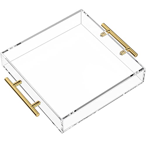 NIUBEE Acrylic Tray 12x12 Inches - Clear Serving Tray Organizer with Handle | Spill-Proof tray for Coffee Table, Ottoman | Decorative Tray for Breakfast in Bed, Drink Serving & Home Organization - color: Clear+ Round Handles, size: 12" x 12" x 2"