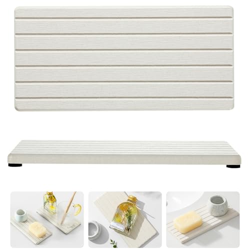 2 Pack Greige Bathroom Sink Vanity Trays, Diatomite Stone Kitchen Counter Caddy Dish Soap Dispenser Sponge Holder, Water Absorbing Mat Organizer for Plant,Cosmetic Bottle, Beige, 8"x3.8" - color: 2pcs - 8"x 3.8" - Beige